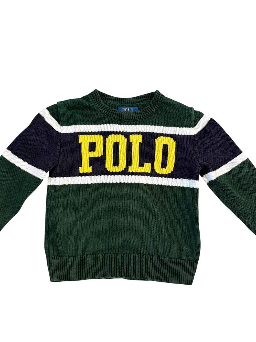 Polo by Ralph Lauren Green Knit Sweater with Yellow Logo and Navy Stripe 4T